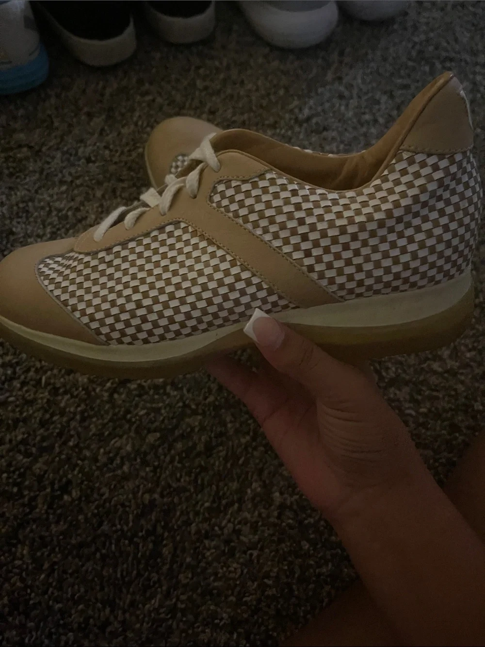 Beige and White Checker Lace-Up Women's Sneakers